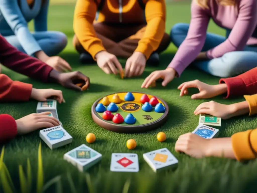 Un círculo de niños de diversas edades y orígenes, probando juegos educativos en un campo verde, resaltando la importancia de testear juegos niños