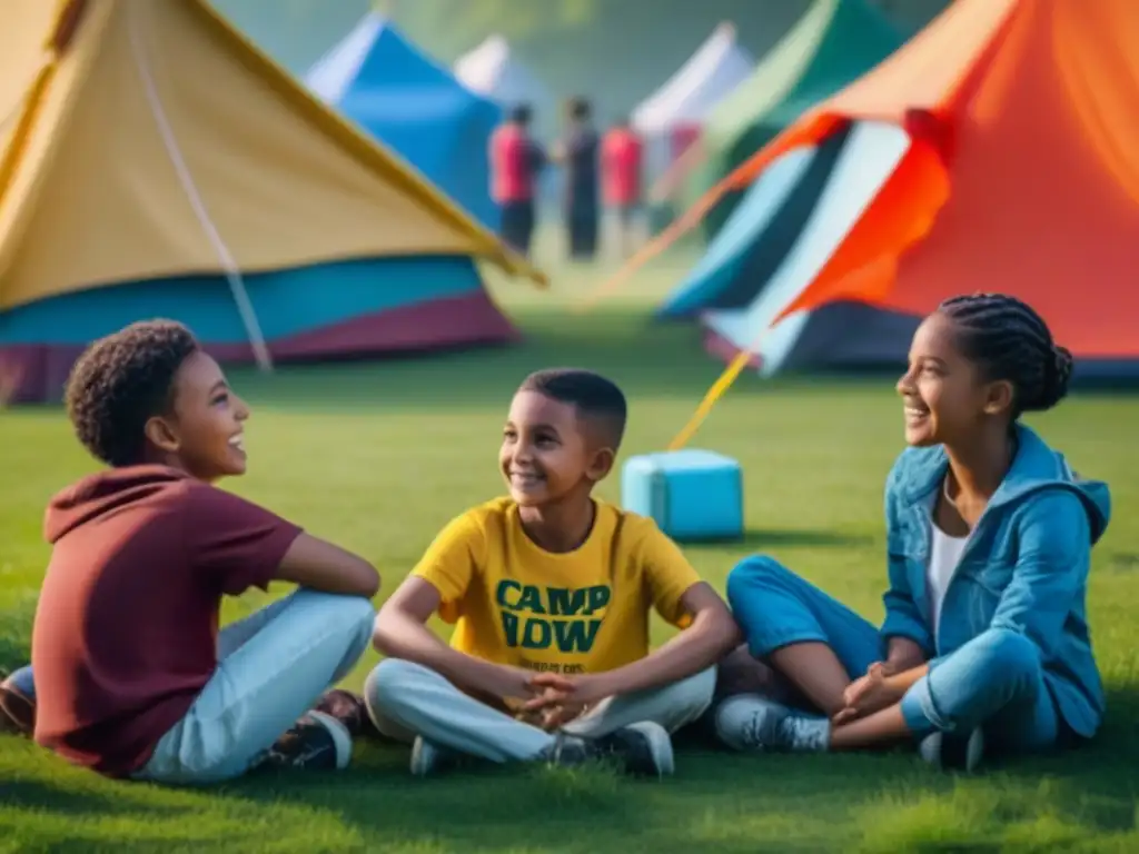 Un círculo de niños diversos disfruta un juego en un campamento de verano, transmitiendo unión y diversión