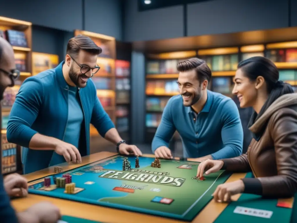 Clientes emocionados explorando juegos de mesa en evento de lanzamiento, vibrante y comunitario