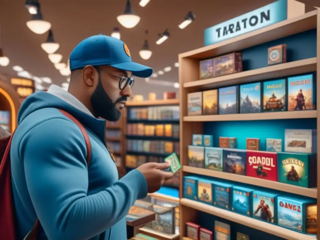 Clientes explorando entusiasmados juegos de mesa en tienda iluminada con detalles coloridos