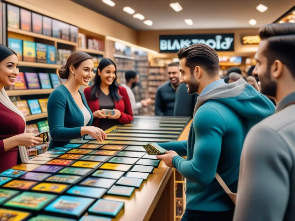 Clientes entusiasmados examinan ofertas juegos de mesa Black Friday en tienda abarrotada