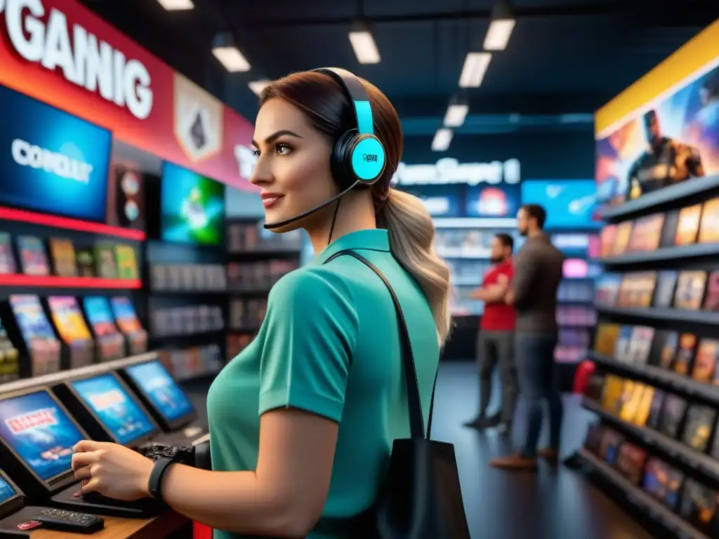 Clientes diversos disfrutando de juegos en una tienda vibrante, iluminada y llena de color