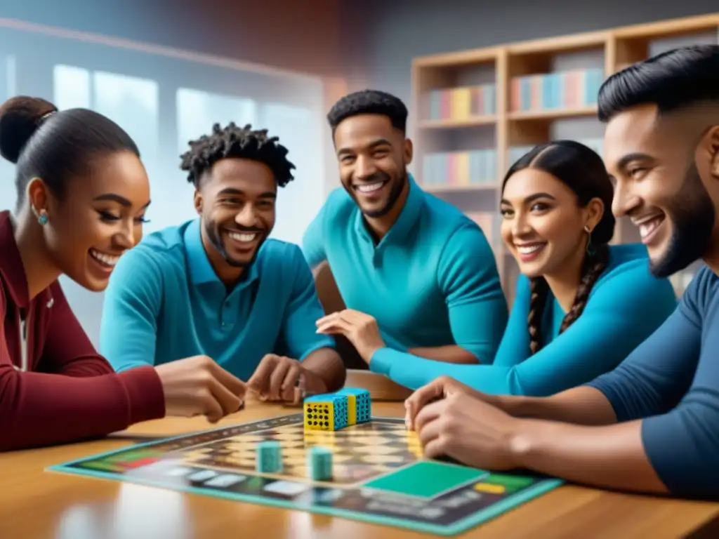 Club de juegos de mesa en la escuela: Estudiantes diversos sonríen y juegan juntos en un ambiente cálido y animado