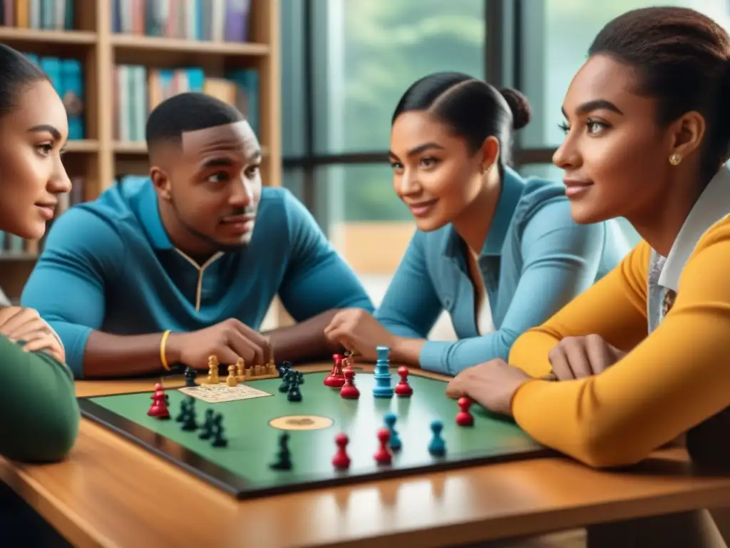 Club de juegos de mesa en la escuela: Estudiantes diversos disfrutan un juego con concentración y alegría en la biblioteca escolar