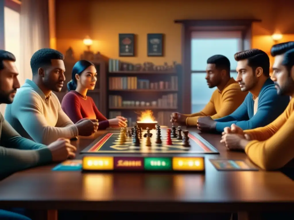 Un club de juegos de mesa en plena acción, con jugadores concentrados y piezas coloridas en una atmósfera acogedora