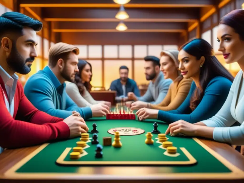 Club de juegos local vibrante con diversidad de personas concentradas en juegos de mesa, tradicionales y modernos, bajo cálida iluminación, ambiente acogedor de camaradería y competencia