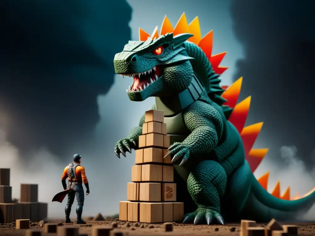 Colaboración entre Jenga y Godzilla: Godzilla empuja con cuidado la torre de Jenga, creando un momento de suspense intenso