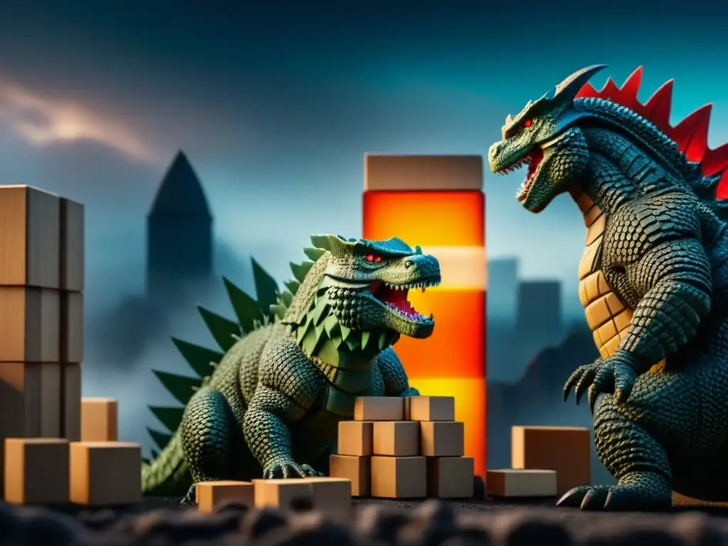 Colaboración entre Jenga y Godzilla: detallada figura de Godzilla acechando una torre de Jenga en tensión