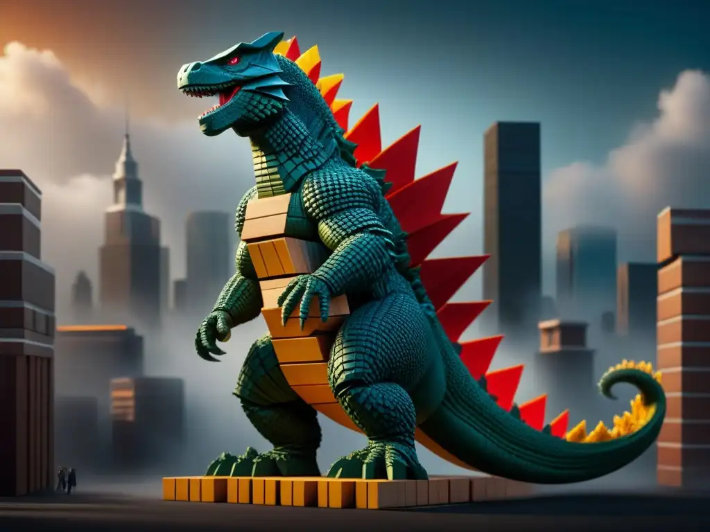 Colaboración entre Jenga y Godzilla: detallada imagen de Godzilla formado por bloques de Jenga, rodeado de edificios en una ciudad