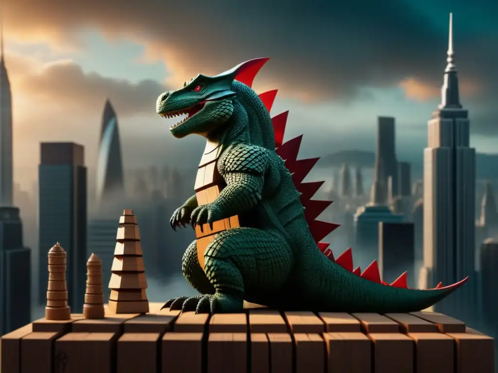 Una colaboración entre Jenga y Godzilla: una estructura detallada con figuras de Godzilla en un escenario épico de ciudad borrosa