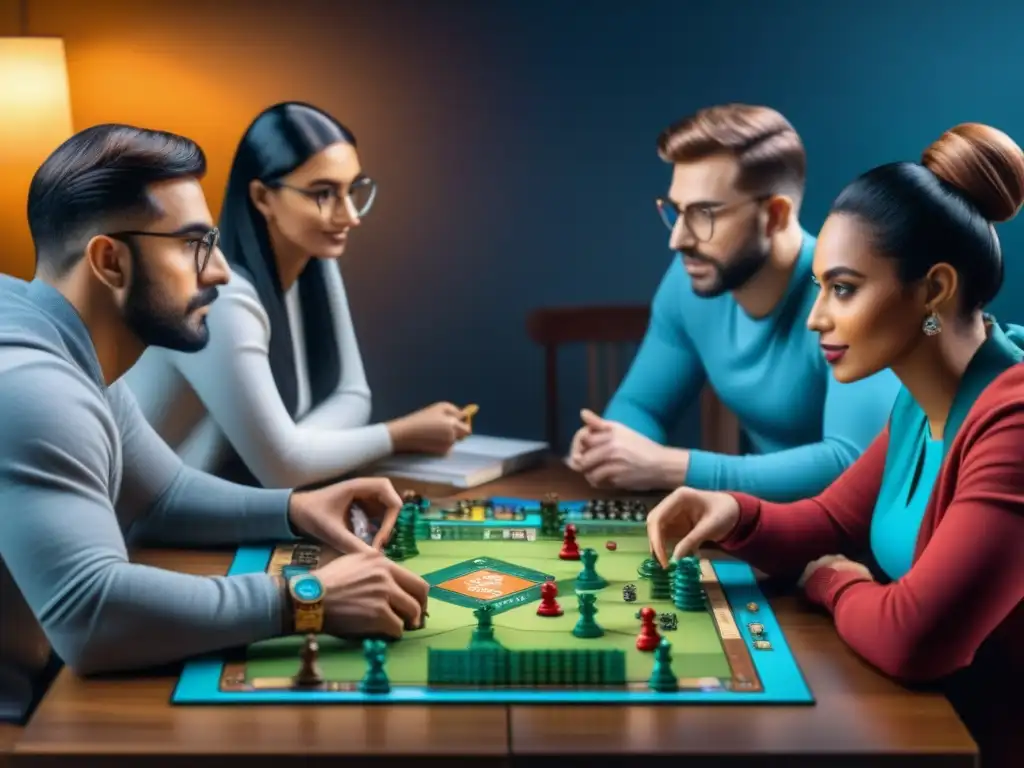 Colaboraciones con influencers juegos de mesa debatiendo estrategias y reglas en una mesa llena de juegos