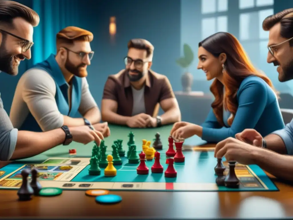 Colaboraciones con influencers juegos mesa: Grupo de influencers debatiendo estrategias con piezas de juegos coloridas y detalladas