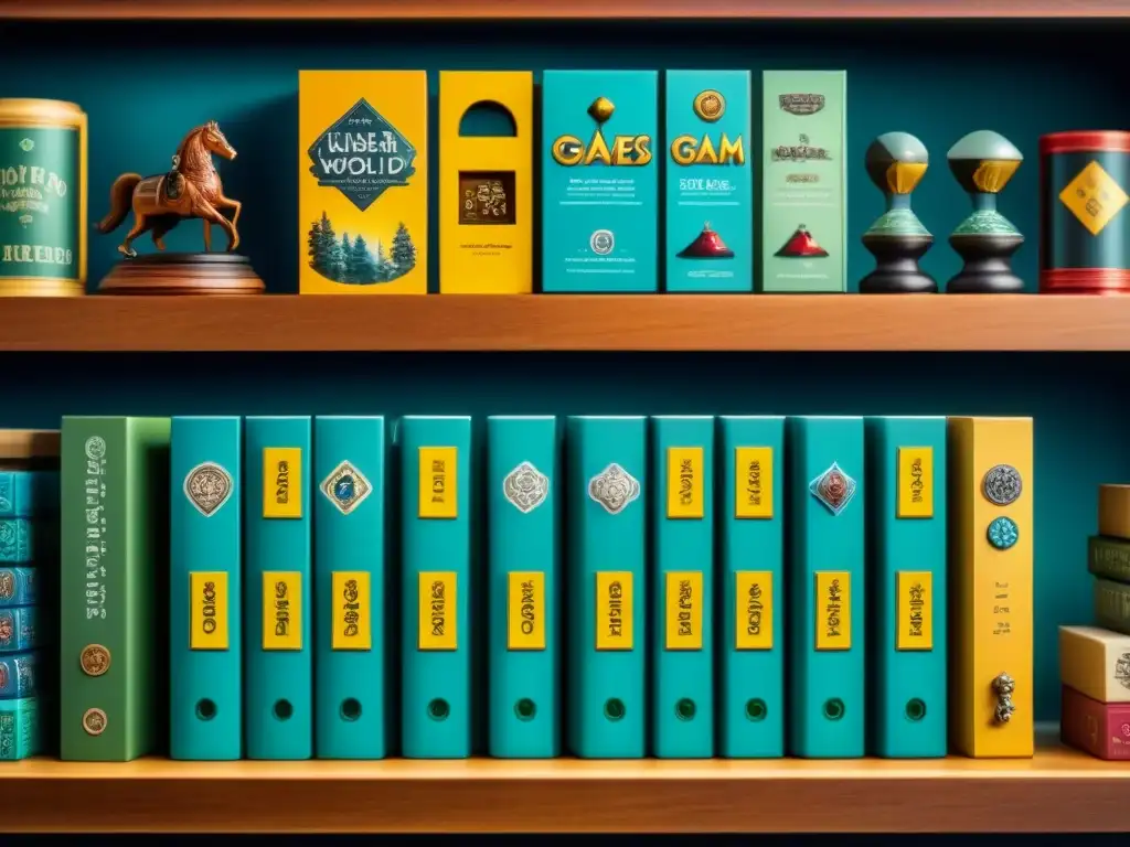 Una colección diversa de juegos de mesa organizados en un estante, reflejando la pasión del coleccionista