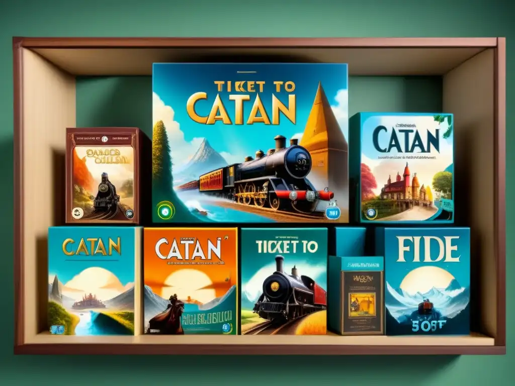 Organización y pasión: colección de juegos de mesa en estantería Una colección ordenada de juegos de mesa con títulos como 'Ticket to Ride', 'Catan' y 'Codenames'