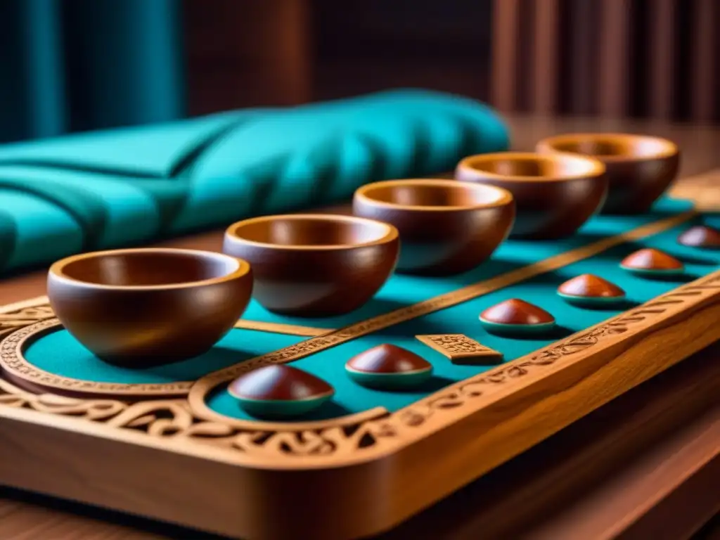 Una colección de tableros de Mancala tallados, representando diversas culturas en una habitación iluminada tenue