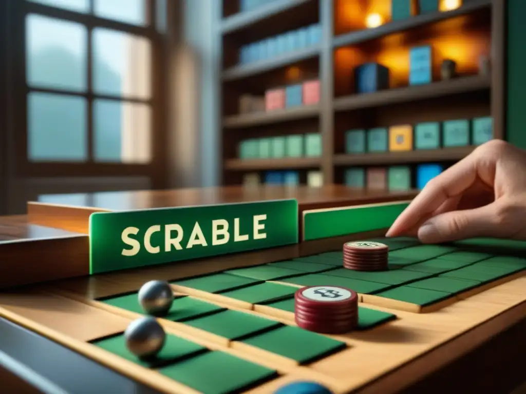 Mano cuidadosa exhibe baldosa vintage en estantería de juegos de mesa Un coleccionista coloca con cuidado una ficha de Scrabble vintage en su estante de juegos de mesa, creando historias coleccionistas juegos de mesa
