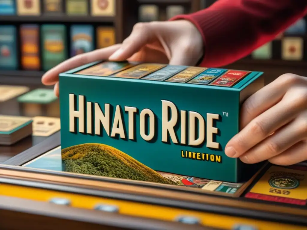 Un coleccionista coloca con delicadeza una edición limitada de Ticket to Ride en su vitrina, resaltando el cuidado y pasión por los juegos de mesa