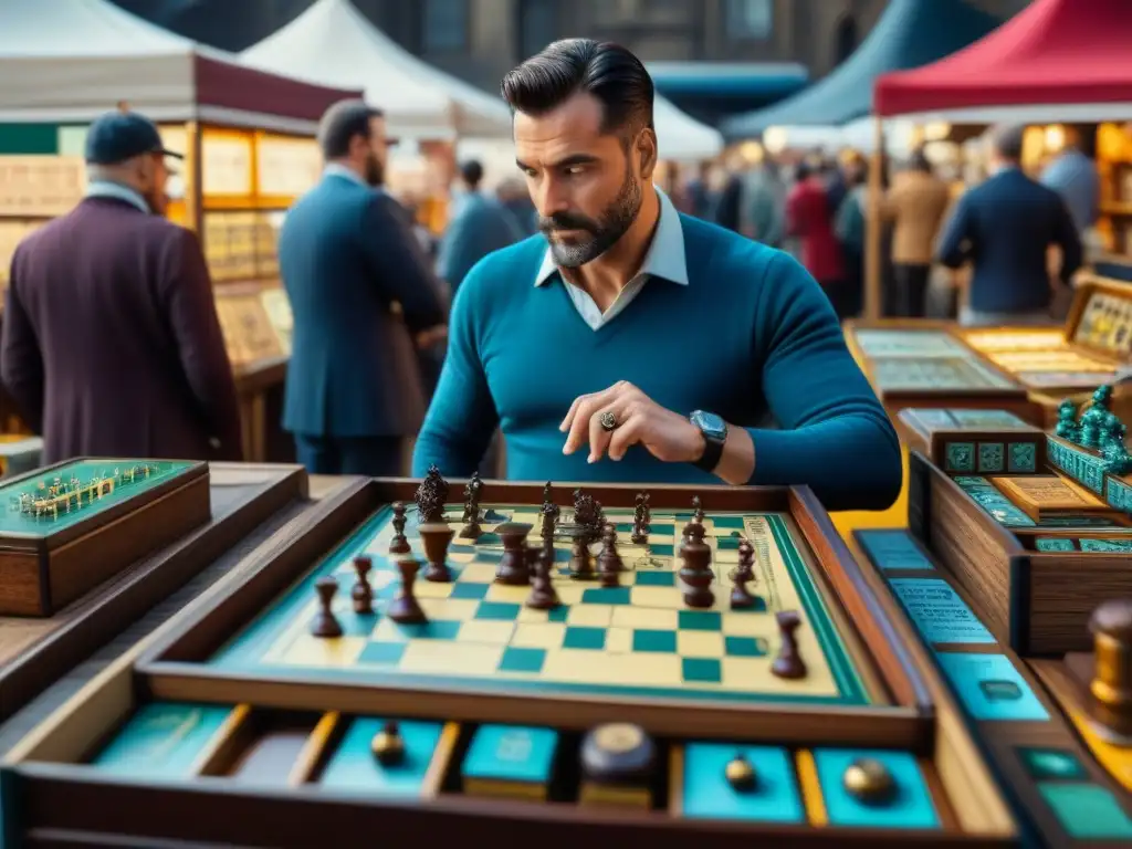 Un coleccionista de juegos de mesa valiosos identifica minuciosamente rarezas en un animado mercado de pulgas