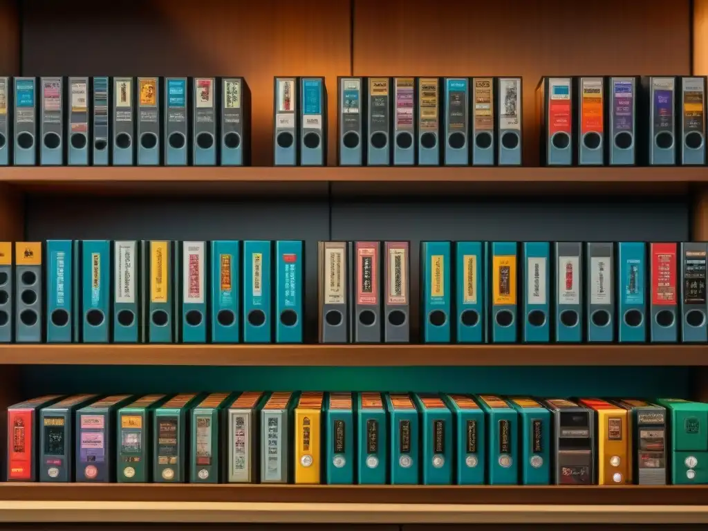 Un coleccionista de juegos muestra meticulosidad y pasión al organizar cartuchos vintage en estantería
