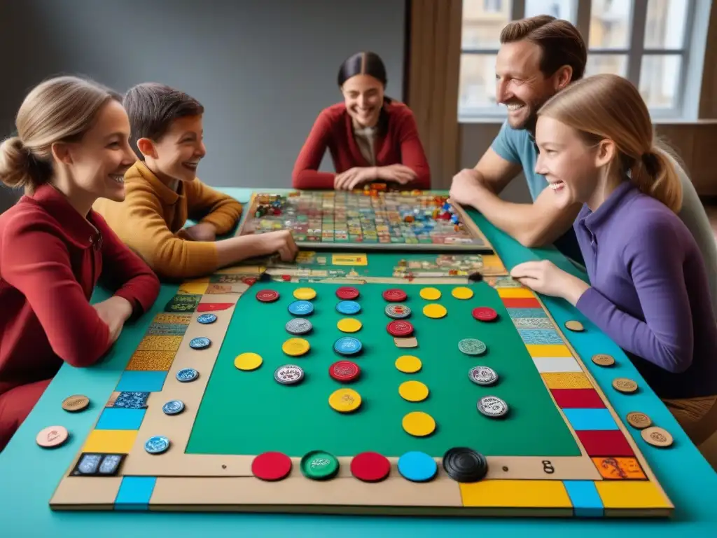 Una colorida mesa de juegos de mesa materiales reciclados con niños y adultos jugando y sonriendo juntos