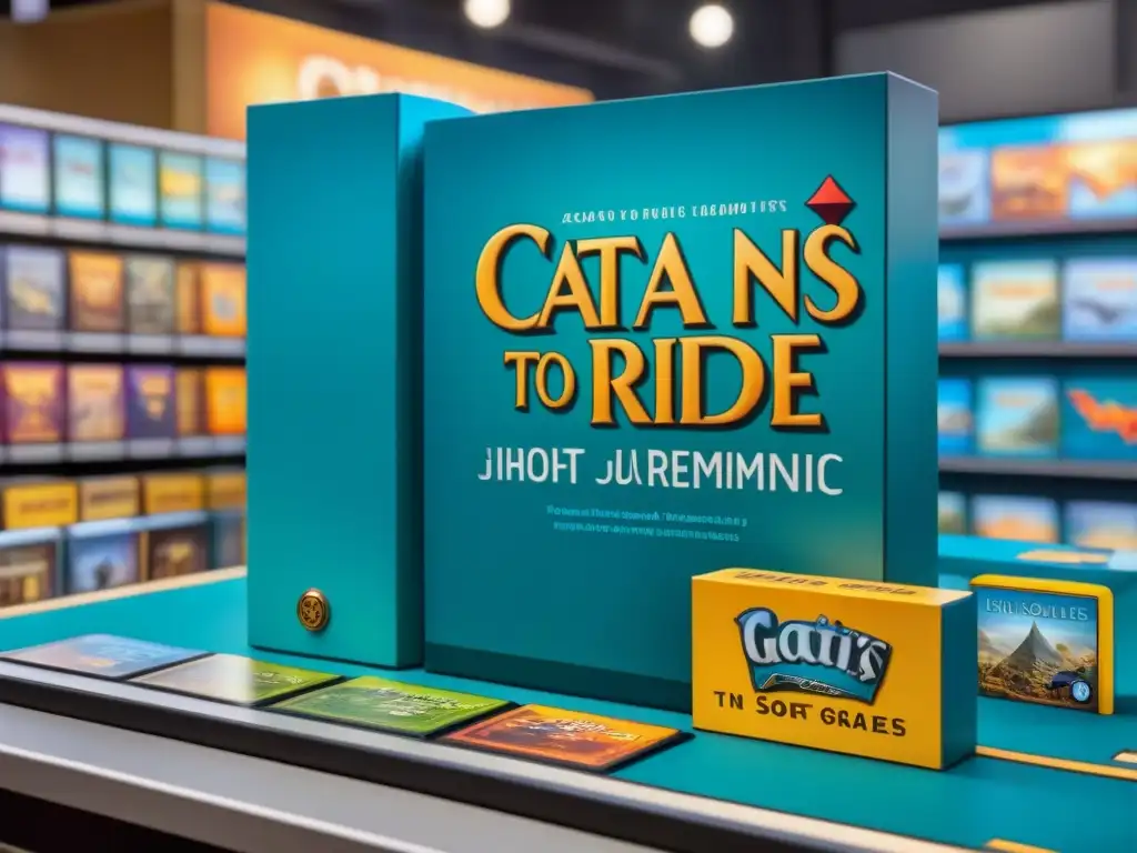 Una colorida exhibición de una tienda de juegos de mesa con títulos educativos como 'Catan Junior', 'Ticket to Ride: First Journey' y 'Pandemic: Hot Zone'