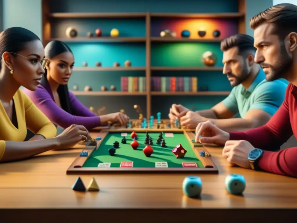 Una competencia de juegos de mesa online: jugadores concentrados y emocionados en una mesa llena de juegos coloridos