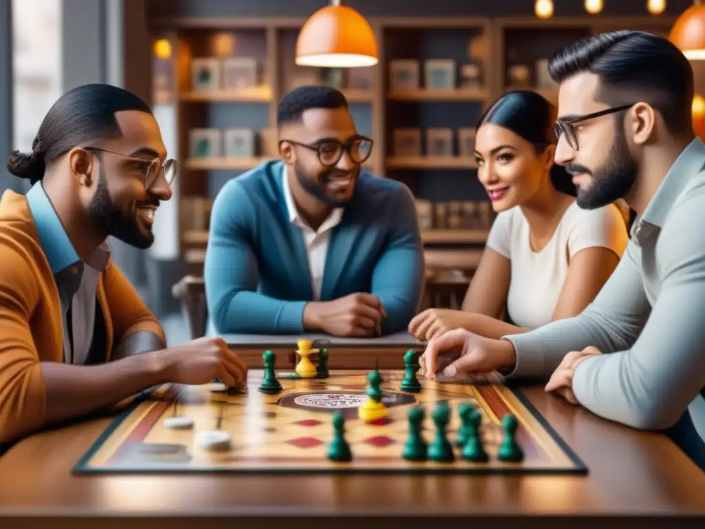 Una comunidad diversa disfruta de juegos de mesa en un café acogedor