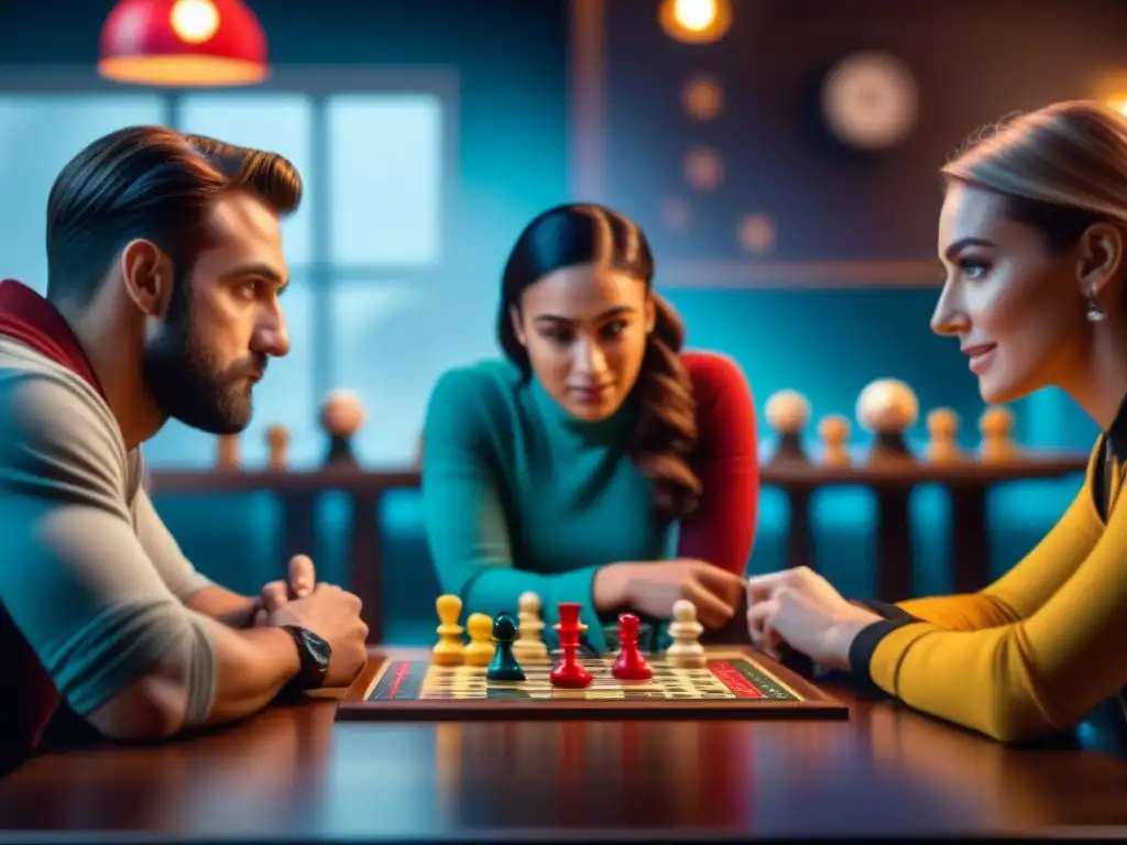 Jugadores concentrados disfrutan de juego estratégico en mesa de madera Una comunidad diversa de jugadores de mesa concentra su atención en un juego estratégico, creando un ambiente inmersivo y emocionante