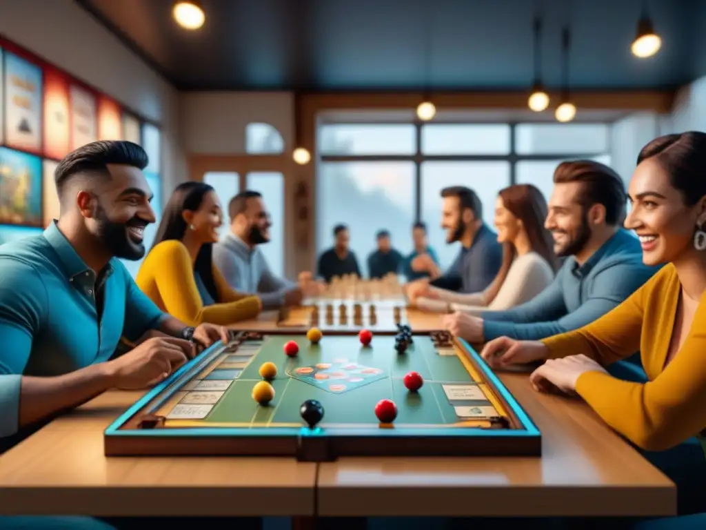 Una comunidad diversa disfruta juntos en un café de juegos de mesa, transmitiendo inclusión y diversión