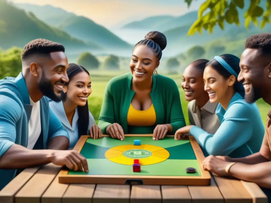 Comunidad jugando juegos de mesa sostenibles al aire libre en un parque verde, unidos y felices