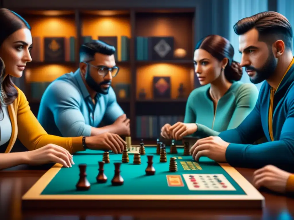 Comunidad online de juegos de mesa: Jugadores concentrados disfrutan de una partida estratégica rodeados de juegos coloridos