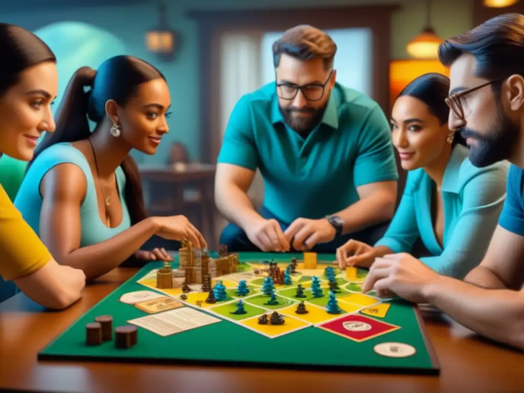 Una comunidad online de juegos de mesa se reúne en un animado juego de Catan, rodeados de diversión y camaradería