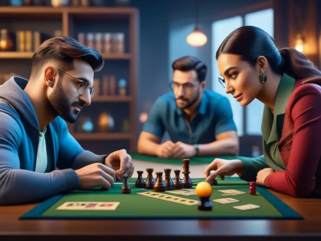 Intensa partida de juego de mesa: diversión en comunidad Una comunidad unida construye estrategias en juegos de mesa, con diversidad y emoción