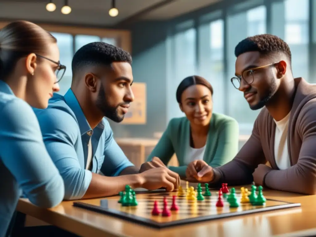 Comunidades de aprendizaje juegos de mesa: Estudiantes concentrados en jugar en un aula acogedora con juegos y luz natural