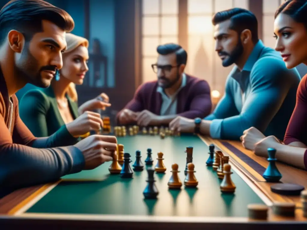 Comunidades online juegos de mesa: Amigos en café de juegos, concentrados y emocionados alrededor de un tablero detallado