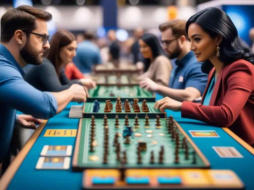 Una convención bulliciosa de juegos de mesa con vibrantes colores y emoción en cada rostro