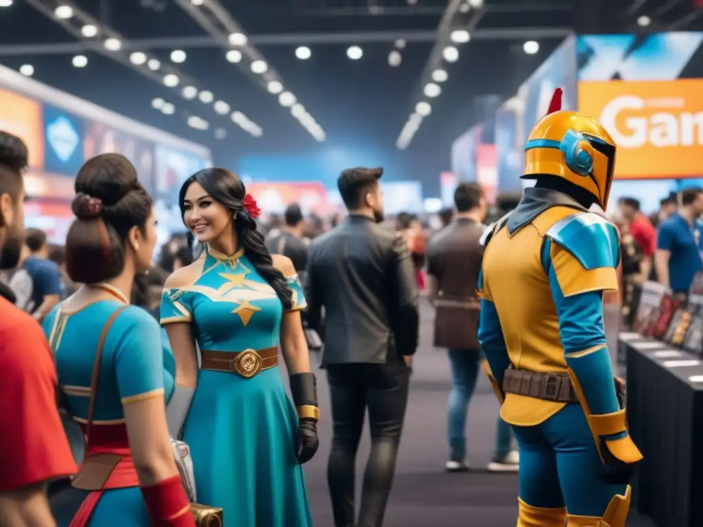 Convención de juegos con entusiastas vestidos de cosplay, comprando merchandising y productos de juegos