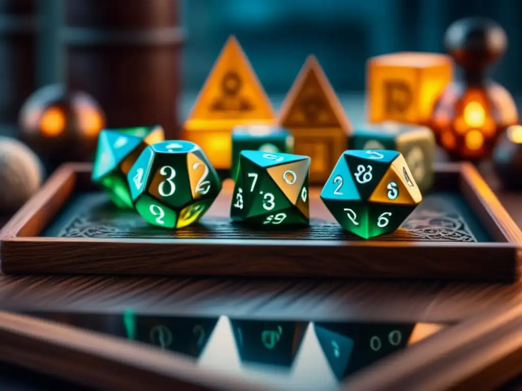 Dados temáticos Dungeons & Dragons detallados con criaturas míticas en un entorno mágico