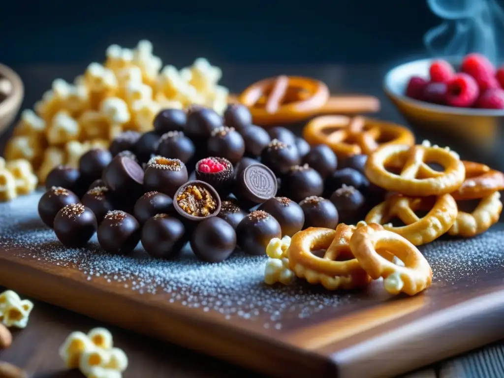 Deliciosos maridajes de snacks para juegos en una tabla rústica con pretzels, palomitas, trufas de chocolate y bayas frescas