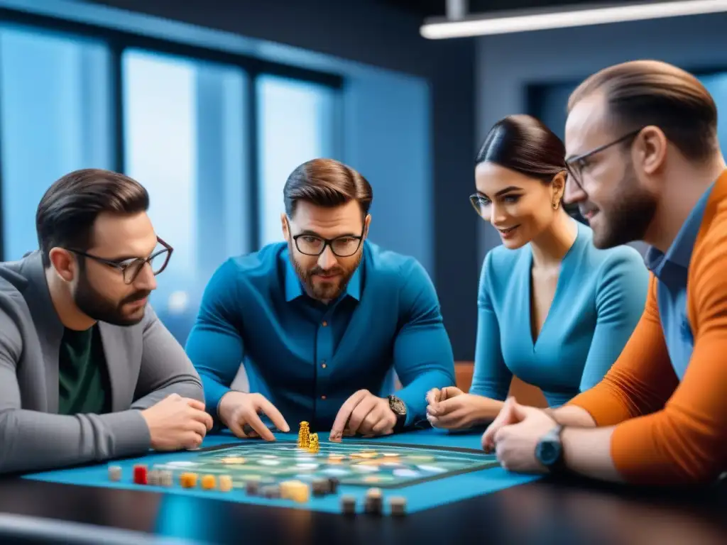 Designadores de juegos de mesa colaborando en un taller de desarrollo, rodeados de prototipos y piezas coloridas