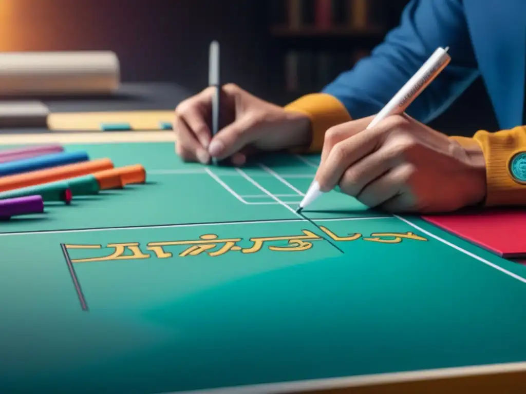 Diseñador de juegos de mesa: creación meticulosa de elementos únicos Designer concentrado esbozando elementos detallados para juegos de mesa
