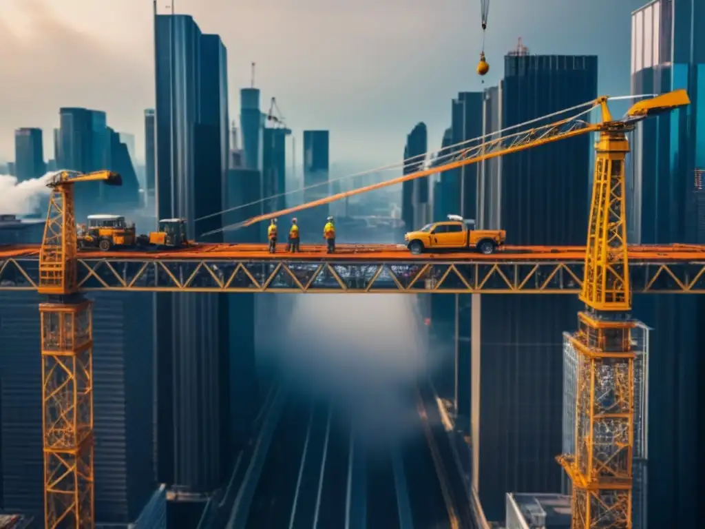 Deslumbrante panorama urbano en construcción con obreros y grúas, reflejando la complejidad de desarrollar una ciudad moderna