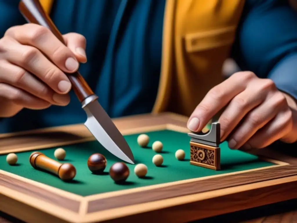 Artesano creando piezas de juego de madera con precisión Detallada artesanía en diseño de producto en juegos de mesa, manos expertas creando piezas de madera con precisión y destreza