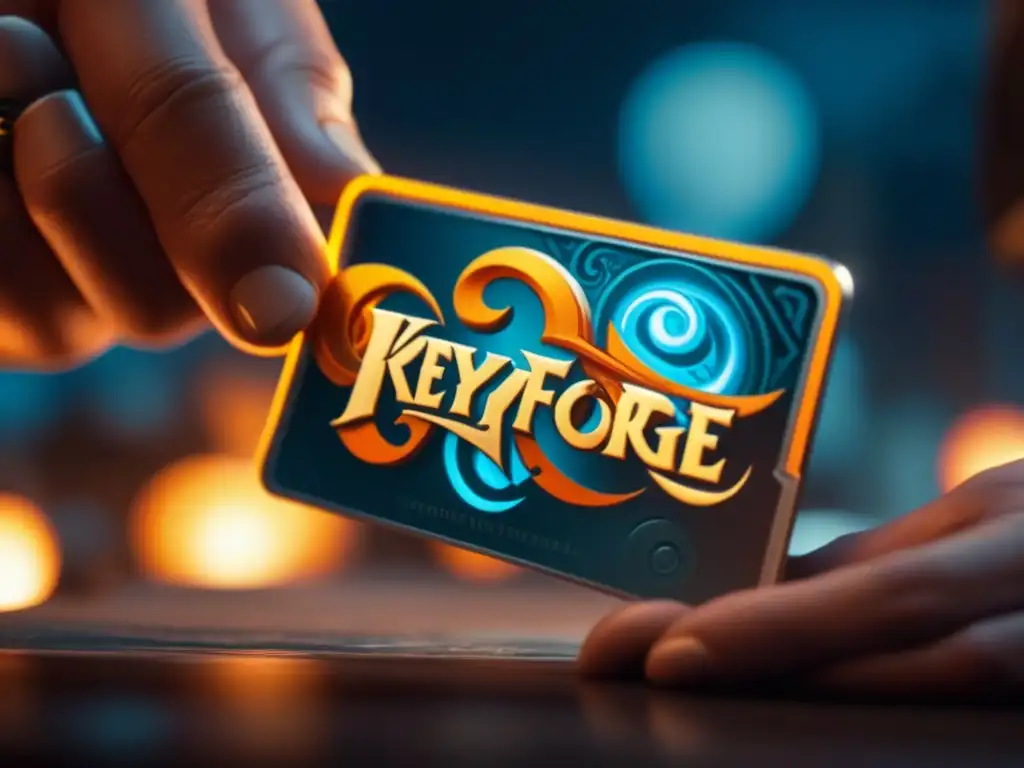 Detallada carta de KeyForge sostenida por manos de jugador, con arte e iconos únicos