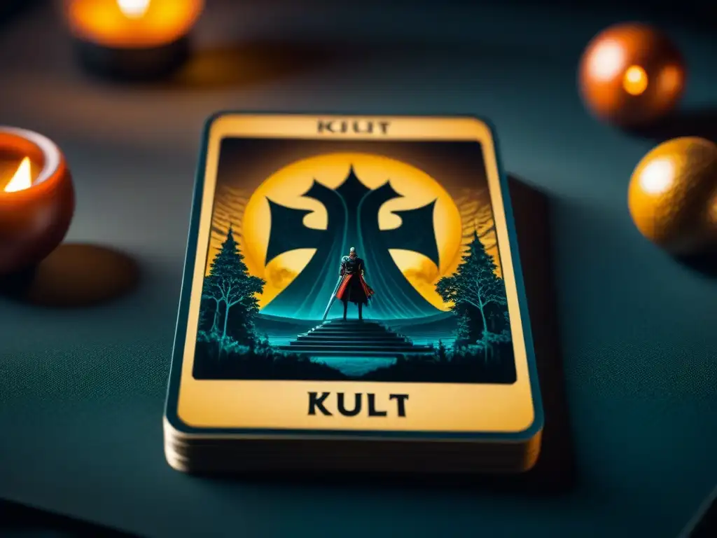 Detallada carta de tarot del juego de mesa Kult, con símbolos inquietantes y atmósfera de misterio