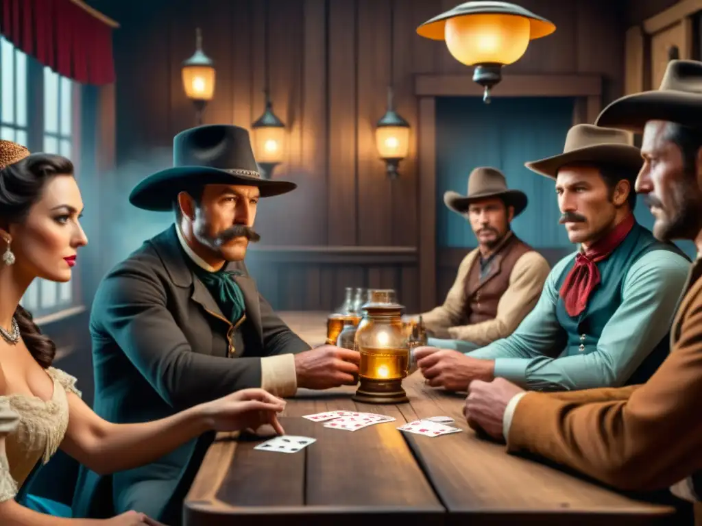 Detallada escena de salón del Viejo Oeste con cowboys en juego de cartas 'Bang!'