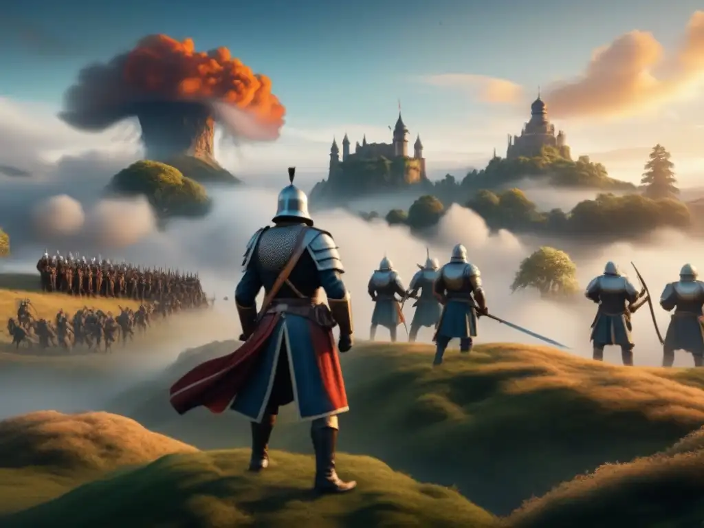 Ilustración detallada de estrategias en BattleLore: equilibrar magia y poder militar en un intenso campo de batalla