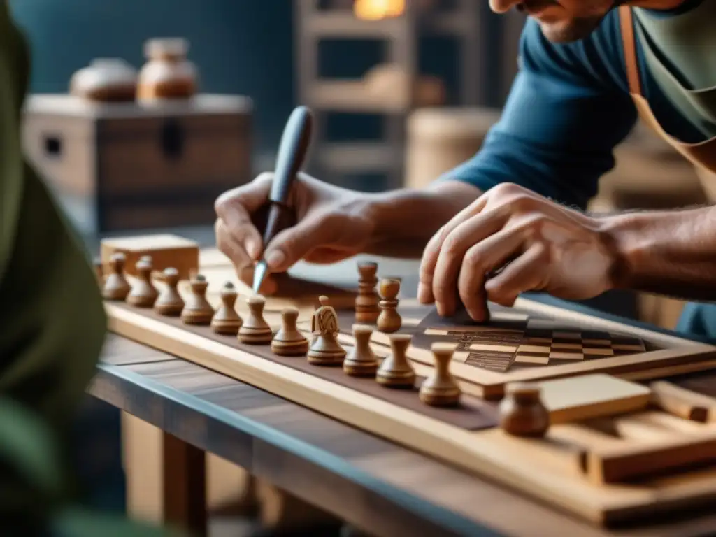 Detallada imagen de artesanos creando piezas de juegos de mesa con materiales sostenibles, fusionando tradición y sostenibilidad