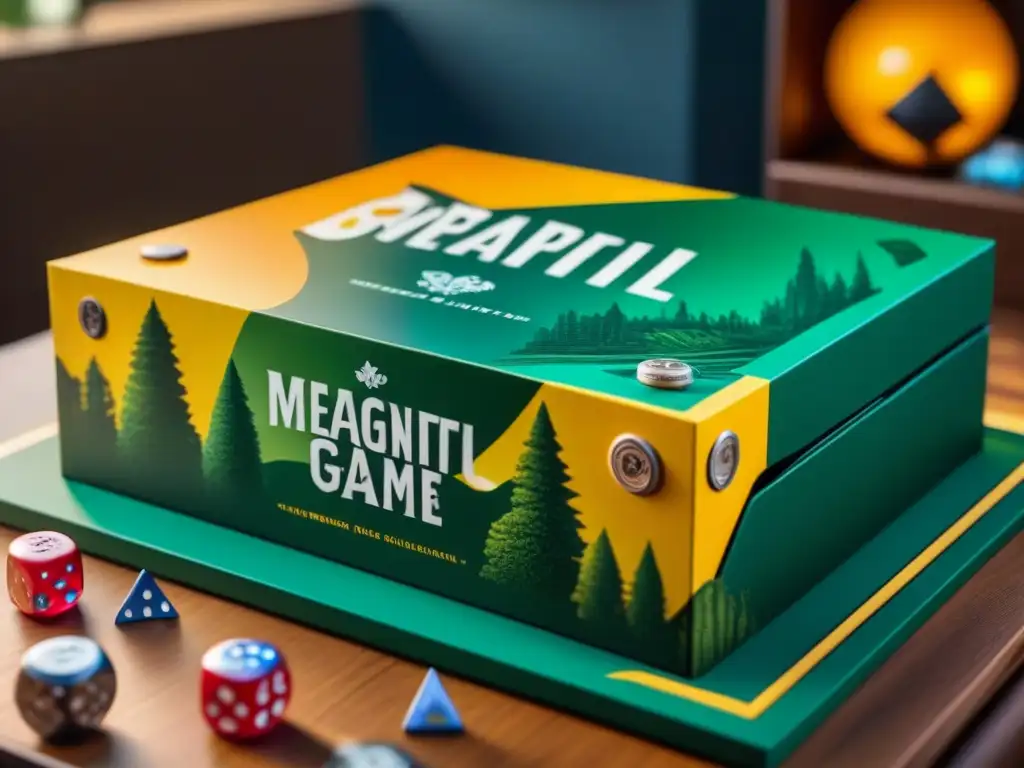 Detallada imagen de un creativo packaging de juegos de mesa, con colores vibrantes e ilustraciones intrincadas