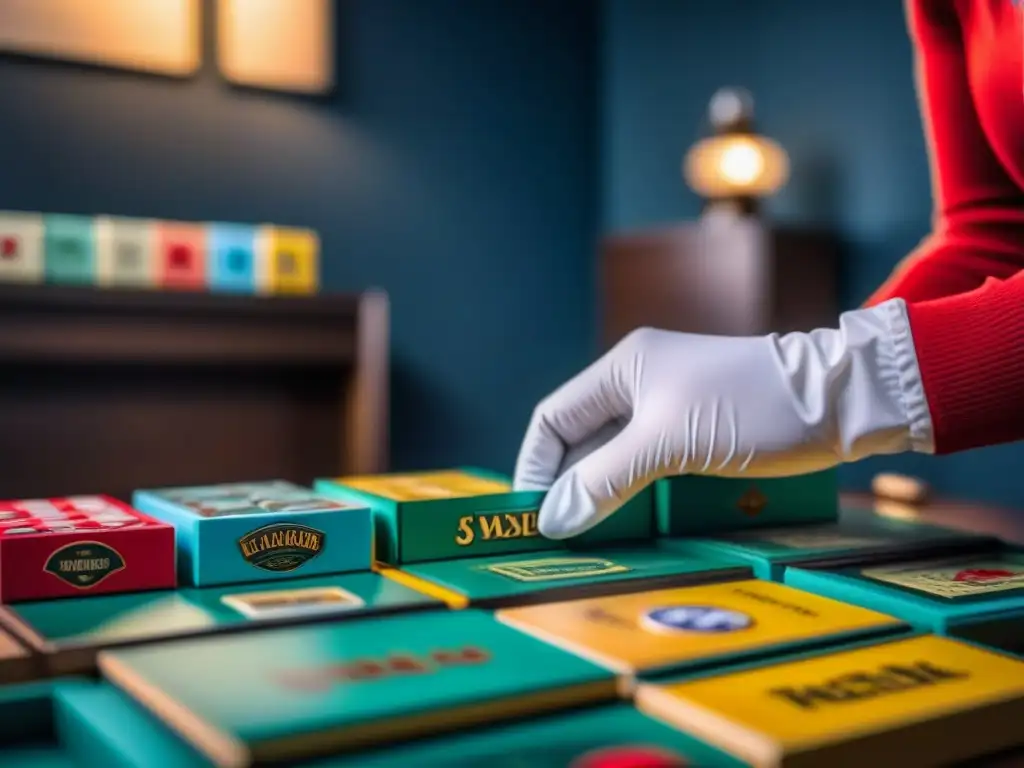 'Detallada imagen de alguien desempacando con cuidado juegos de mesa importados exitosamente en una habitación bien iluminada